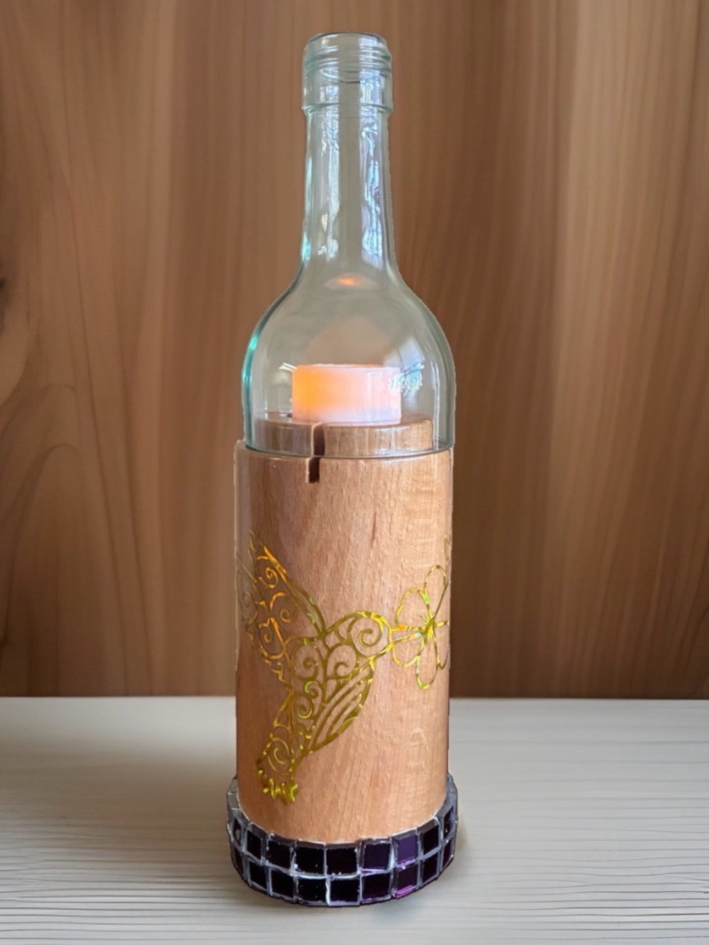 “Golden Nectar" Handcrafted Hummingbird & Teak Wood Tea Light Holder